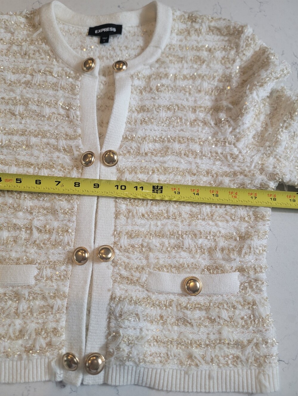 Express Cream Gold Metallic tweed Bouclé Knit Cardigan Jacket Medium clasp chic - Picture 11 of 13